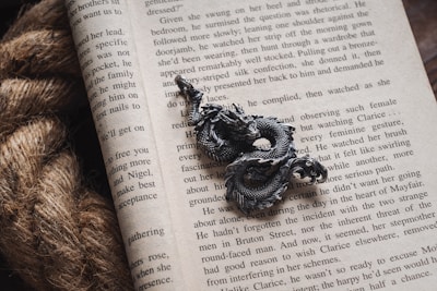 A detailed close-up of an open book with text visible on its pages, accompanied by a dark metallic dragon ornament placed on top of the pages. The texture of the dragon is intricate, with scales and curves giving it a lifelike appearance. Beside the book, a coil of rough, natural-colored rope is partially visible.