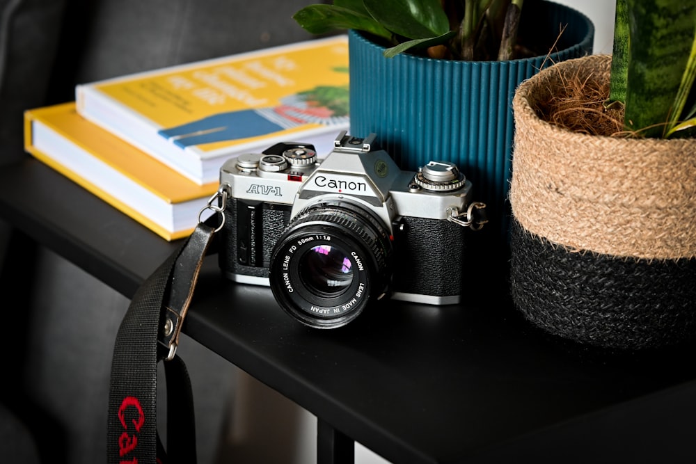 a camera sitting on top of a table next to a potted plant