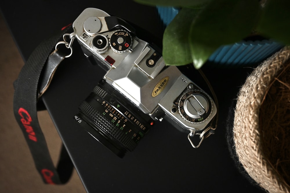 a camera sitting on top of a table next to a plant