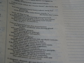 A close-up view of a page from a book, displaying text in a column format. The text appears to be religious in nature, mentioning salvation, Zion, and the Lord.