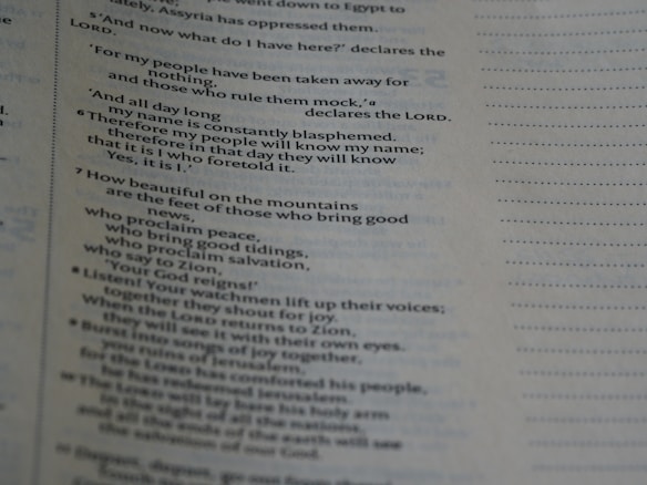 A close-up view of a page from a book, displaying text in a column format. The text appears to be religious in nature, mentioning salvation, Zion, and the Lord.