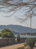 A couple stands closely together, looking at a smartphone in a serene outdoor setting near a waterfront. The background features distant mountains and a calm body of water. Leafless tree branches extend across the top portion of the image.