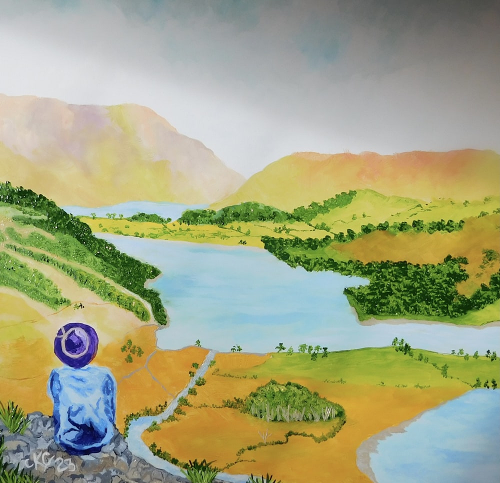 une peinture d’une personne assise sur un rocher regardant une rivière
