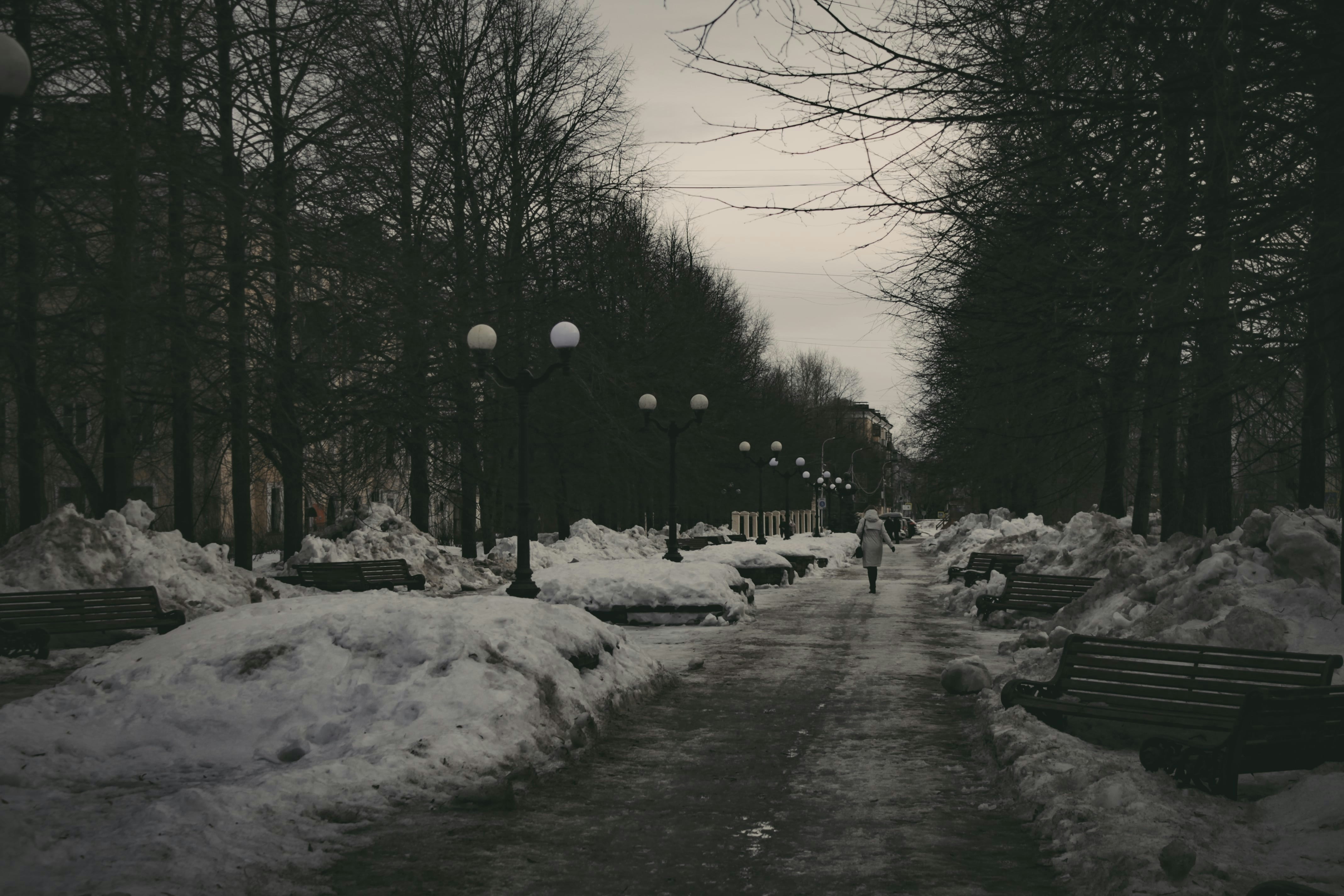 a person walking down a snow covered path