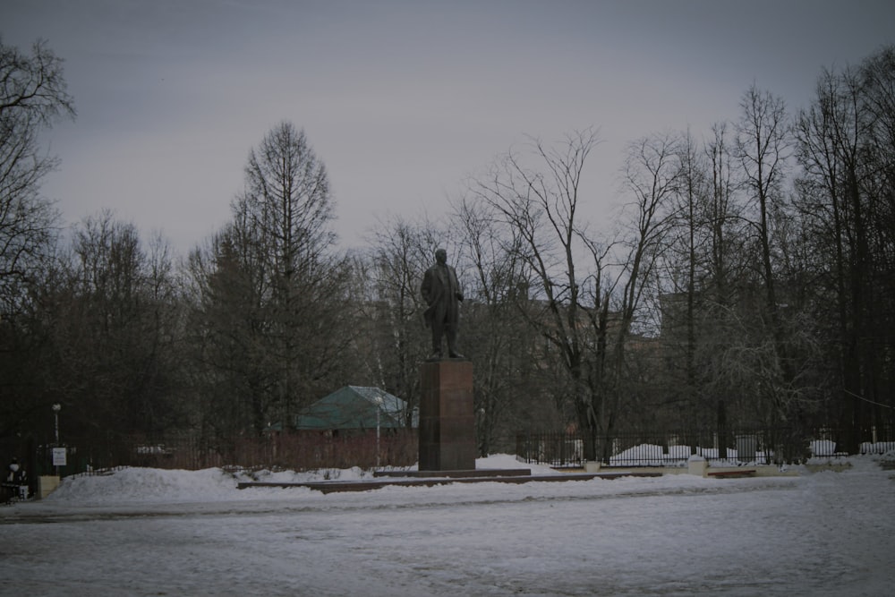 a statue in the middle of a snowy park