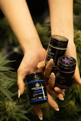 A pair of hands holding three small black containers labeled with product names and surrounded by leafy green plants.