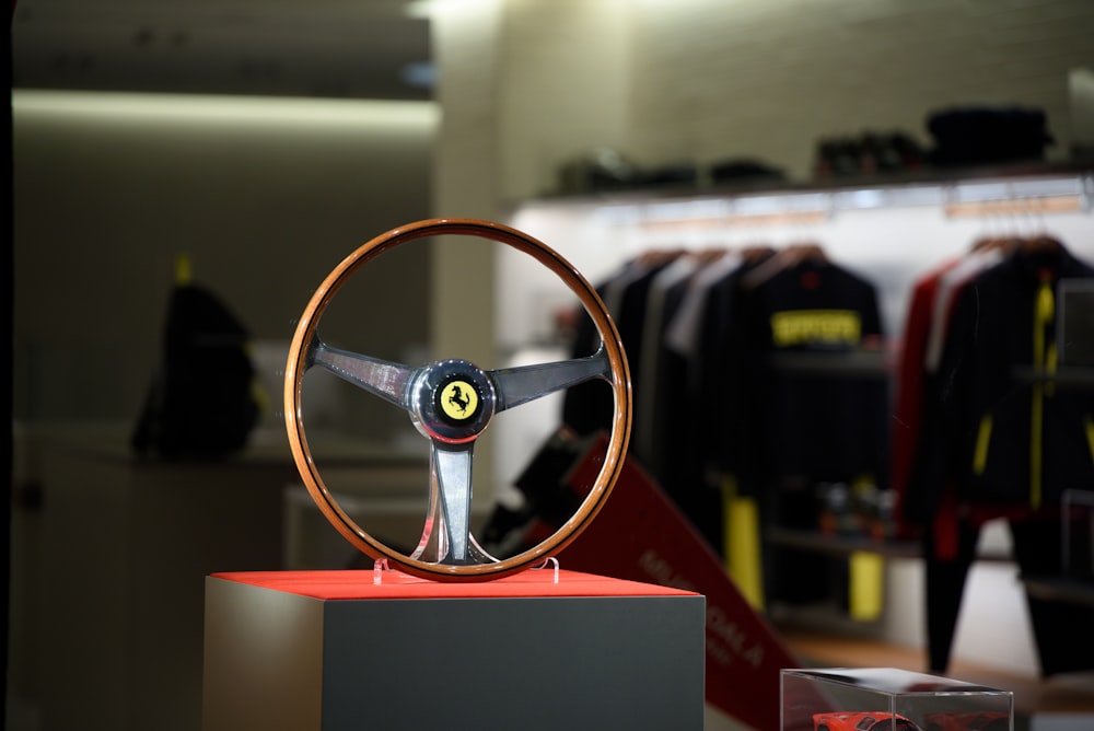 a car steering wheel on display in a store