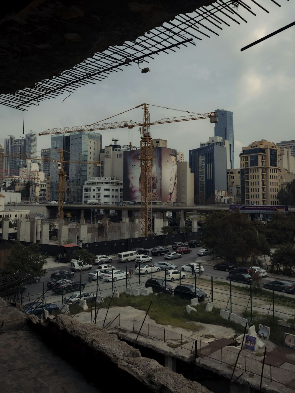 a large crane in the middle of a city