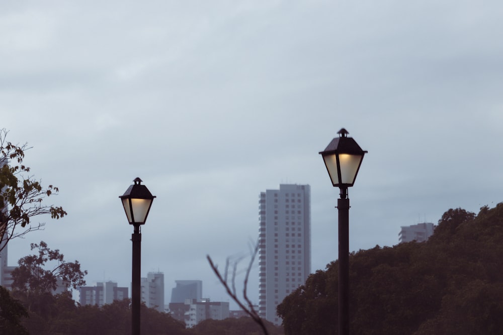 a couple of street lamps sitting next to each other