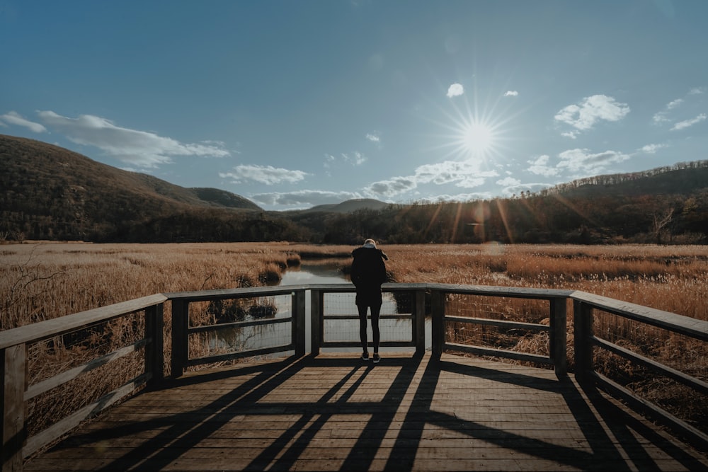 a person standing on a bridge looking out over a field