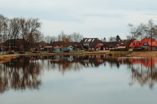 a body of water with houses in the background