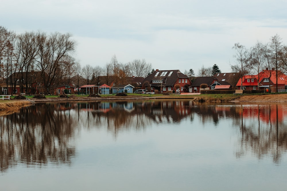 a body of water with houses in the background