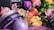 An arrangement of beauty products surrounded by colorful flowers. The focus is on several Nala brand items, including body sorbet and body oil, alongside various floral elements such as pink, purple, and yellow blossoms. The background is a dark surface that enhances the vibrancy of the flowers and products.