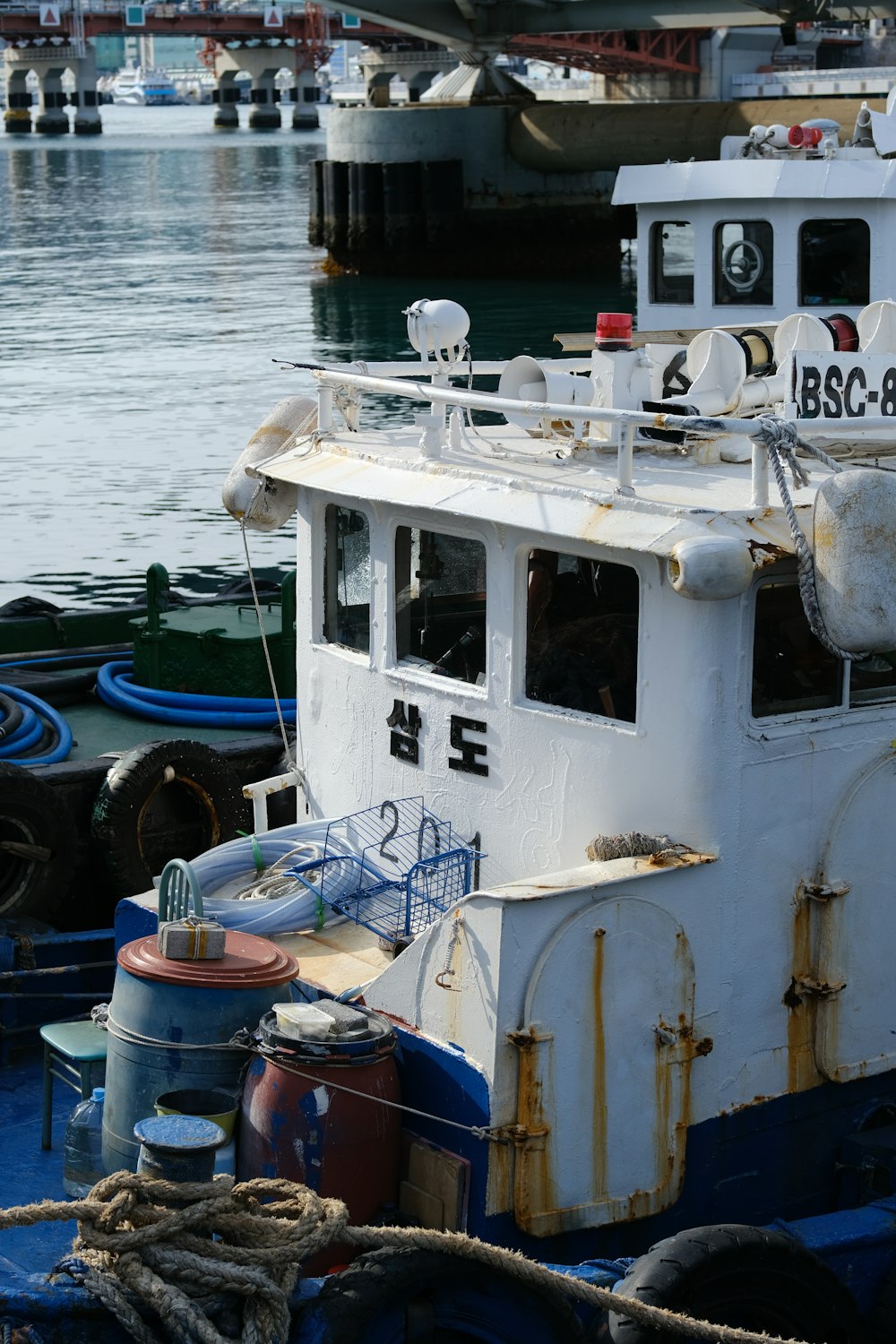 a white and blue boat docked in a harbor