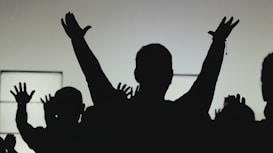 Silhouettes of people raising their hands against a light background, conveying a sense of unity or celebration.