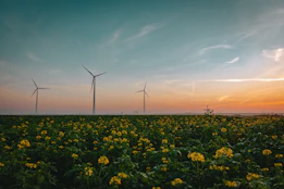 a field of yellow flowers with wind turbines in the background