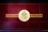 A rich burgundy background with a central gold and red emblem displaying the Hogwarts Railways crest, featuring symbols representing the four houses of the fictional Hogwarts School. The words 'Hogwarts Railways' are printed in an ornate style on either side of the emblem.