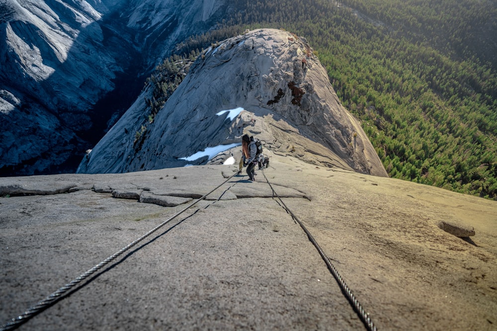 a man standing on top of a mountain next to a forest