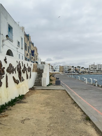 A coastal pathway lined with whitewashed buildings on the left. The sky is overcast, creating a muted atmosphere. Decorative art pieces are displayed on the wall. A seagull is flying in the distance, and palm trees and modern structures are visible further along the shoreline.