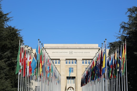 a building with a lot of flags in front of it