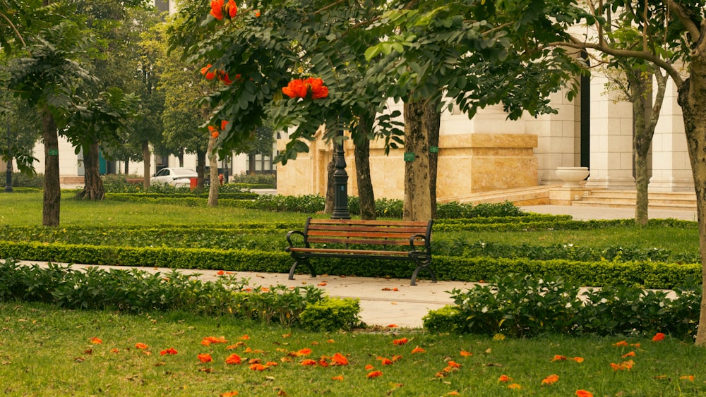 a park bench sitting in the middle of a lush green park