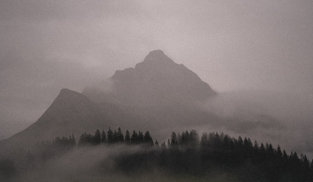 a black and white photo of a mountain covered in fog