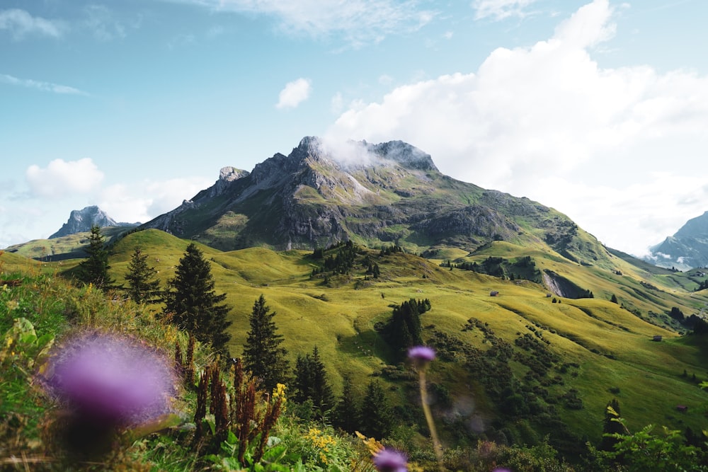 a green mountain with a few clouds in the sky