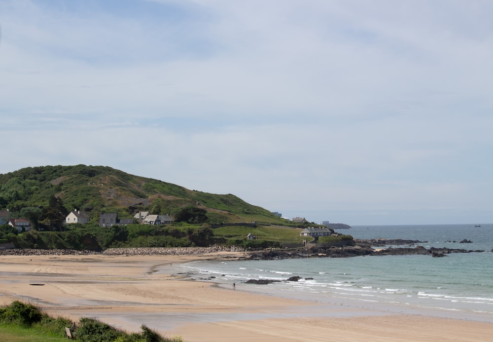 a sandy beach with houses on a hill in the background