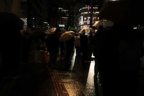 Wide shot of a nighttime cityscape with cinematic rain and neon reflections.