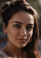 Close-up of a confident escort with warm, inviting eyes.