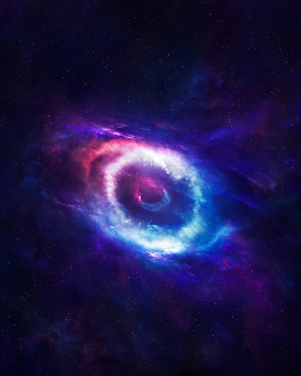 a blue and purple spiral shaped object in space