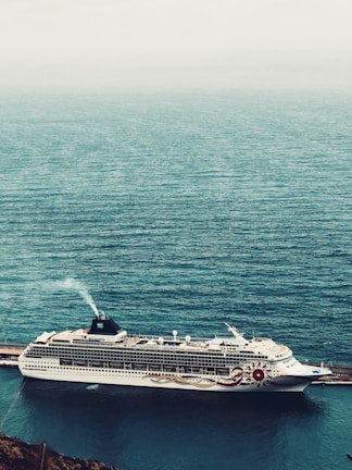 A large cruise ship is docked at a port, with calm ocean waters in the background. The vessel has a white hull adorned with colorful designs and features multiple decks with visible windows. Smoke is gently billowing from the smokestack, indicating that the ship might be preparing to set sail.