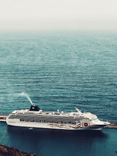 A large cruise ship is docked at a port, with calm ocean waters in the background. The vessel has a white hull adorned with colorful designs and features multiple decks with visible windows. Smoke is gently billowing from the smokestack, indicating that the ship might be preparing to set sail.