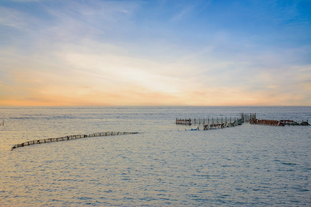 a large body of water with a long line of logs in the middle of it