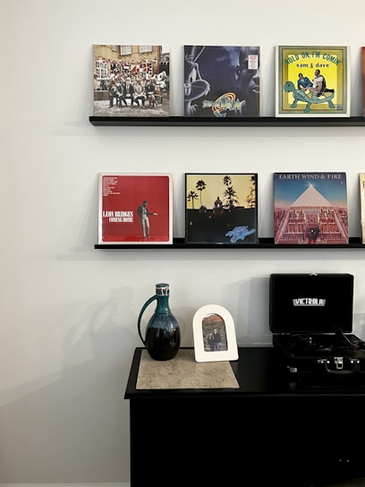 Shelves display various vinyl records with album art featuring diverse designs. Below is a black table with a vintage-style record player, a dark ceramic pitcher with a unique handle, and a small framed picture.