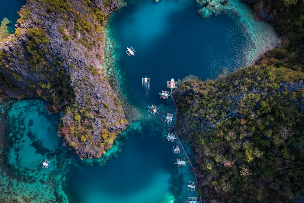 a group of boats floating on top of a body of water