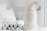 A white dog is sitting on a bed facing away from the camera. In front of the dog, there are several pet care products, including treats and oils labeled Botaneo, arranged neatly on the bed. The background features white bedding and a white nightstand with a white lamp.