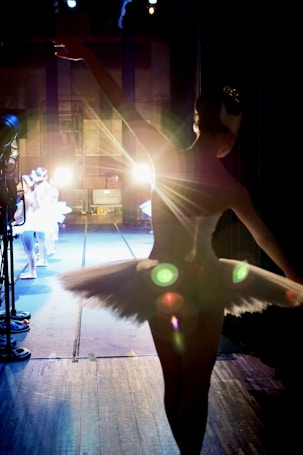 A ballerina in a tutu stands backstage, silhouetted against bright stage lights. Other dancers are visible in the background, preparing for a performance. The scene captures the anticipation and focus of a dance production.