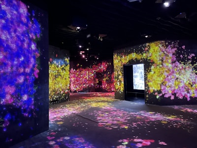 A room with dark walls covered in vibrant digital projections of floral patterns. The walls and floor are illuminated with colorful lights, creating an immersive and enchanting atmosphere. The main colors in the projections include bright yellows, deep blues, and soft pinks, contributing to a dynamic and dreamlike environment.