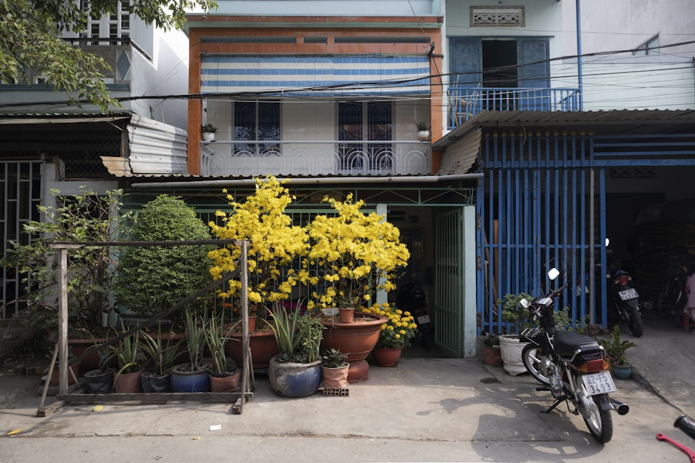 a motorcycle parked in front of a building