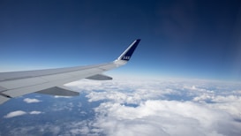 An airplane wing extends into a clear blue sky, with fluffy white clouds visible below. The wing features the letters 'SAS' on the fin.