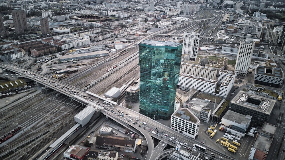 an aerial view of a very tall building