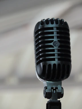 A vintage microphone with New York City skyline in the background at sunset.