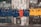 A row of football jerseys are hanging on a line against a weathered concrete wall. The jerseys are primarily blue and yellow in color with one standout red jersey in the middle. The background features an old, worn door with various stickers and signs on it.