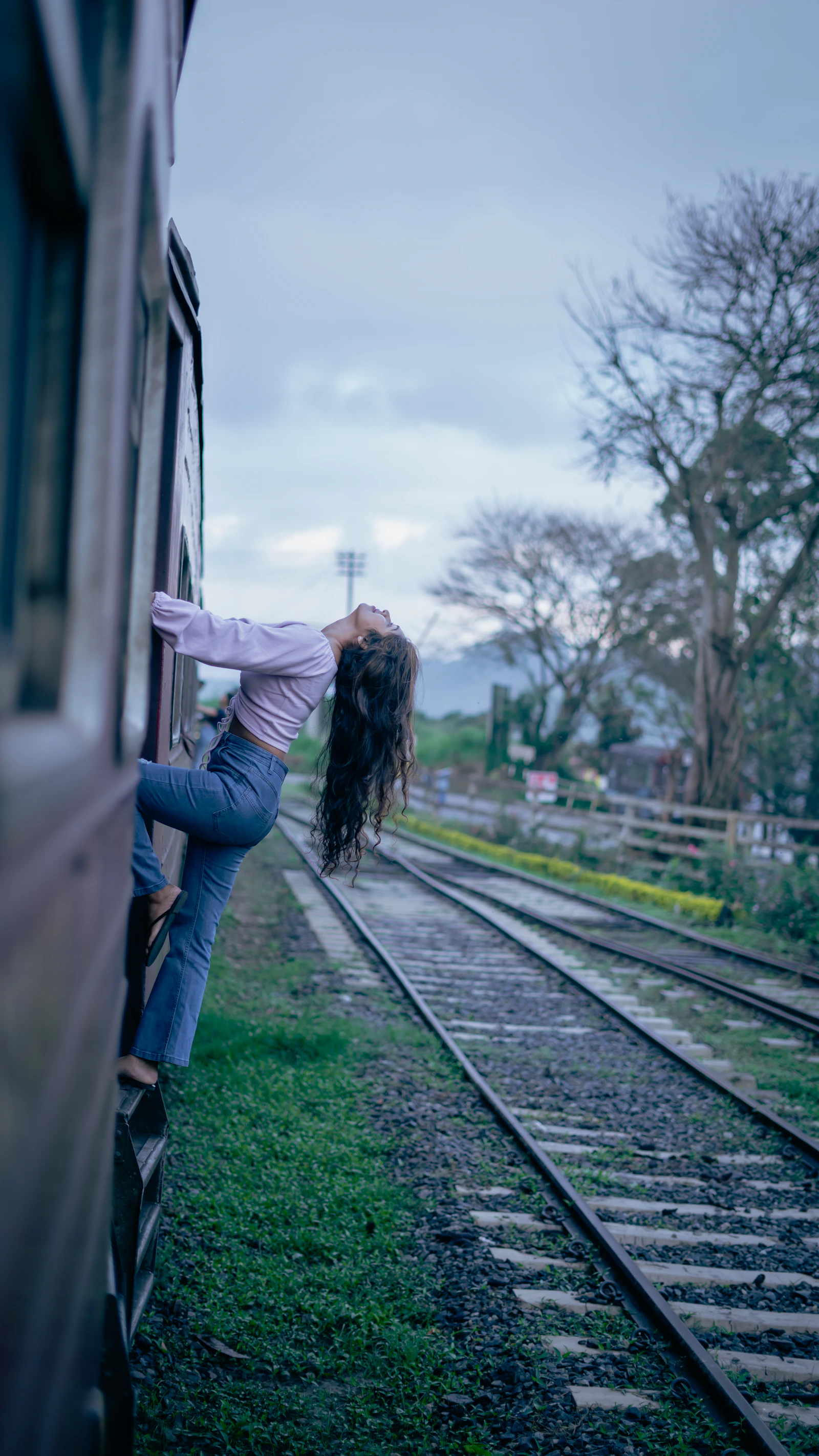 Una viajera asomada a la puerta del tren entre las montañas de Ella