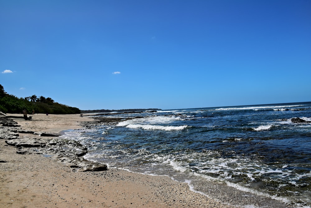 a sandy beach next to the ocean under a blue sky