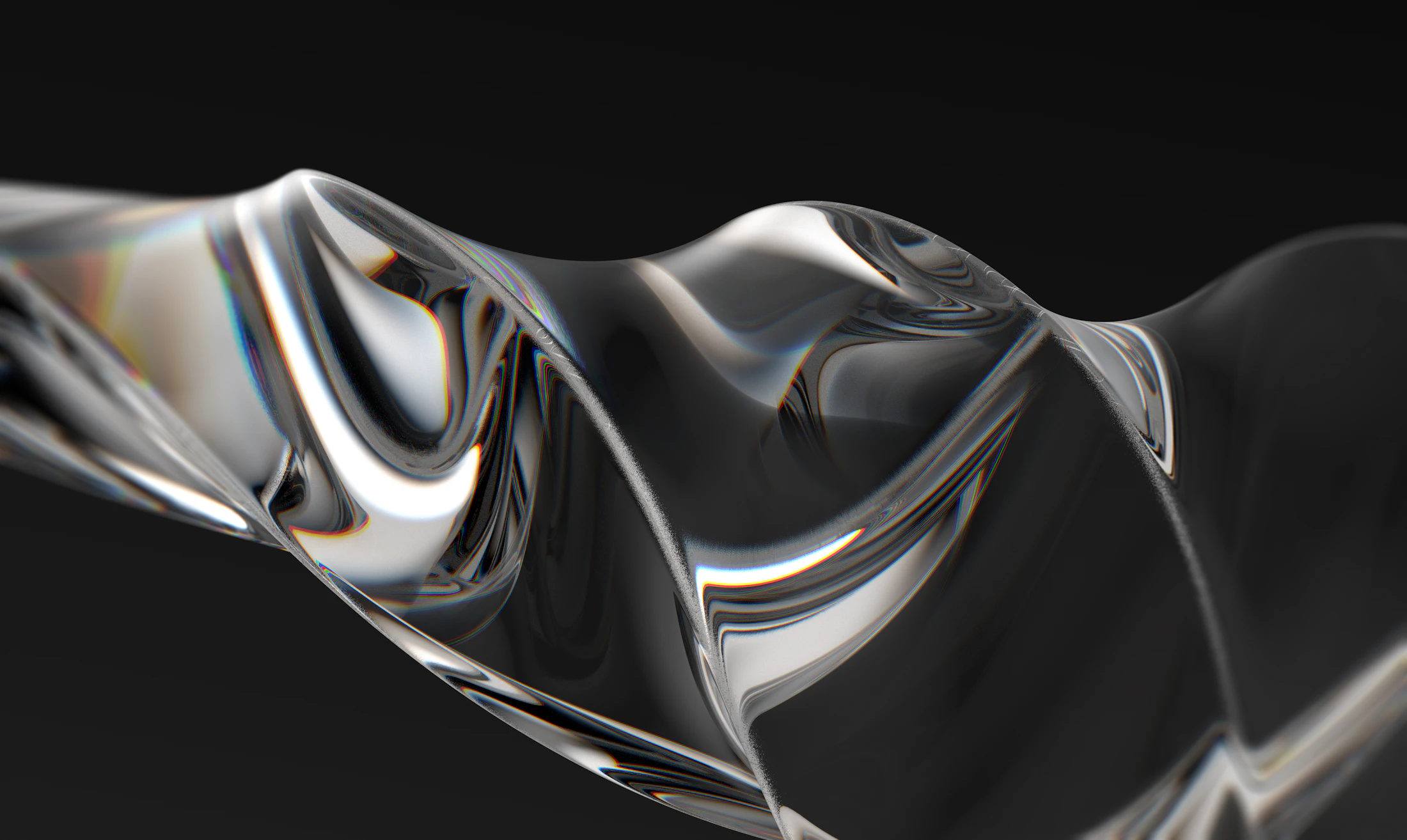 A clear glass ribbon twisting on black
