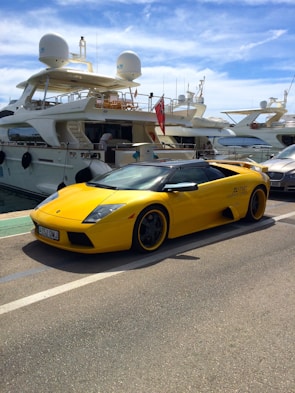 A shiny sports car parked beside a marina with yachts in the background.