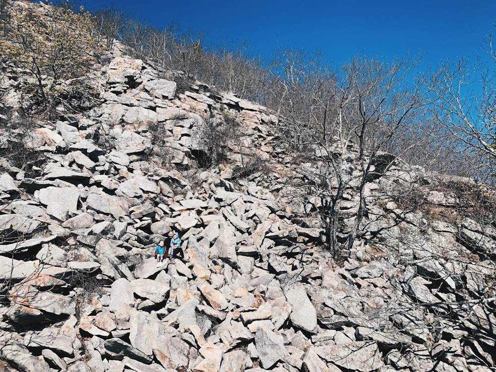 a couple of people climbing up a rocky hill