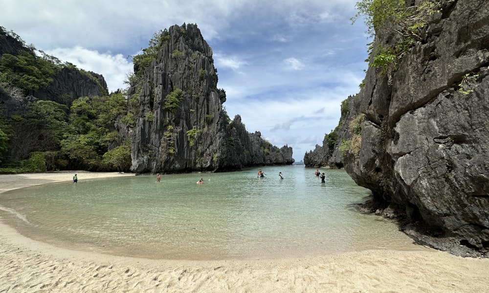 a group of people in the water near a beach